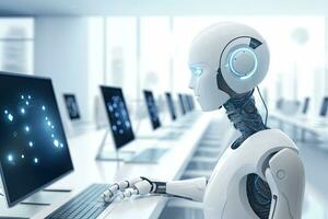 AI Generated Robot sitting at desk with laptop computer in front of him. by Generative AI. photo