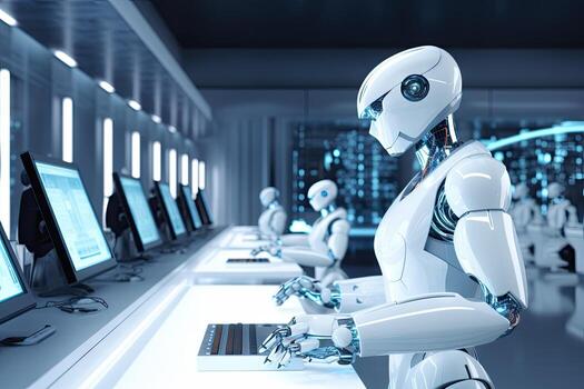 AI Generated Robot sitting at desk with laptop computer in front of him. by Generative AI. photo