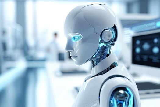 ai generado robot sentado a escritorio con ordenador portátil computadora en frente de a él. por generativo ai. foto