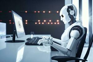 AI Generated Robot sitting at desk with laptop computer in front of him. by Generative AI. photo