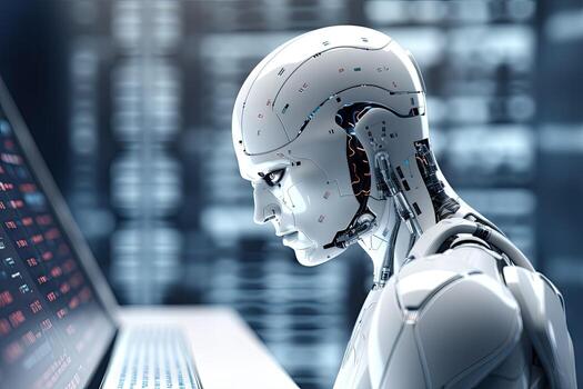 ai generado robot sentado a escritorio con ordenador portátil computadora en frente de a él. por generativo ai. foto