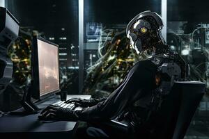 AI Generated Robot sitting at desk with laptop computer in front of him. by Generative AI. photo