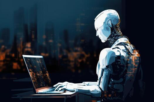 AI Generated Robot sitting at desk with laptop computer in front of him. by Generative AI. photo