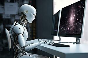 AI Generated Robot sitting at desk with laptop computer in front of him. by Generative AI. photo