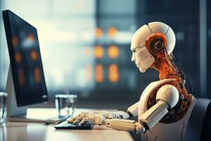AI Generated Robot sitting at desk with laptop computer in front of him. by Generative AI. photo