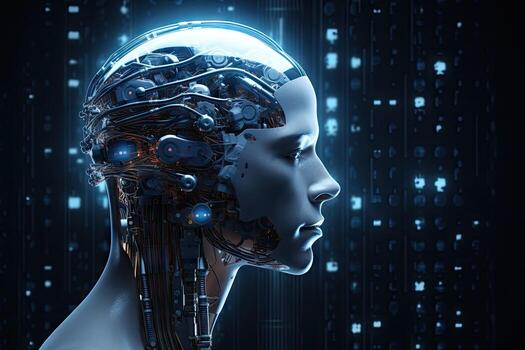 AI Generated A symbolic concept image of AI technology fused with a human robot brain.by Generative AI. photo