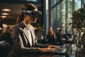 AI Generated Business woman wearing a VR headset. Surreal world and virtual reality. Working in a modern office by Generative AI photo