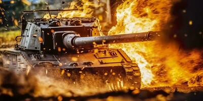 ai generado un cerca arriba Mira a el poder y destrucción de un mundo guerra ii tanque disparo caparazón. ai generativo foto