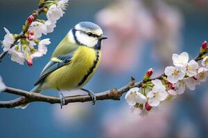 AI generated A Bluetit bird resting on the branch of a tree. AI Generated. photo