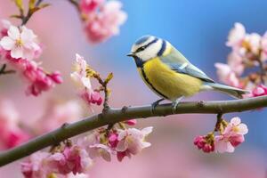 ai generado un bluetit pájaro descansando en el rama de un árbol. ai generado. foto