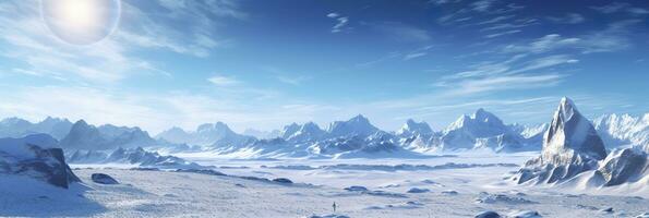 AI generated vast desolated snow land, big mountains in the background, snowfall with light blue sky and light blue colors, peaceful atmosphere,  AI Generative photo