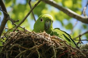 AI generated A green parrot on a branch. AI Generated photo