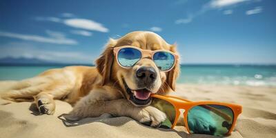 AI generated Golden Retriever dog is on summer vacation at seaside resort and relaxing rest on summer beach of Hawaii. AI Generative photo