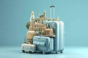 AI generated Blue suitcase full of landmarks and travel accessories on blue background. Generative AI photo