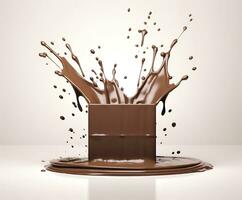 ai generado chocolate chapoteo con un podio, Bosquejo antecedentes para Leche producto mostrar, 3d. generativo ai foto