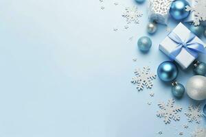 AI generated Christmas Eve concept. Top view photo of blue and silver baubles snowflake ornaments stylish present boxes and confetti. AI Generated