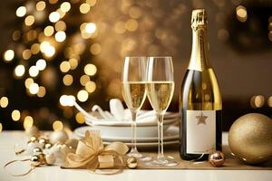 AI generated Christmas table setting with holiday decorations in gold color. AI Generated photo