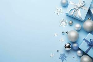 ai generado Navidad víspera concepto. parte superior ver foto de azul y plata adornos copo de nieve adornos elegante presente cajas y papel picado. ai generado