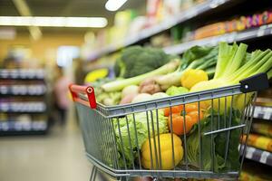 AI generated Close up of full shopping cart in grocery store. AI Generated photo