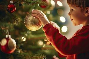 ai generado niño decorando Navidad árbol de cerca. ai generado foto