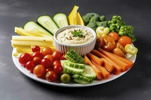 AI generated Crop shot of plate with colorful healthy sliced vegetables. AI Generated photo