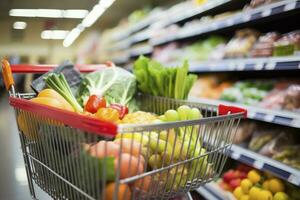 AI generated Close up of full shopping cart in grocery store. AI Generated photo