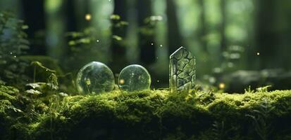 AI generated Crystals with moon phases image of moss in a mysterious forest, natural background. Generative AI photo