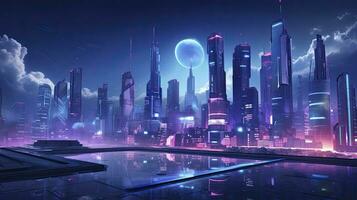 ai generado un futurista, cyberpunk inspirado paisaje urbano a noche. ai generado foto