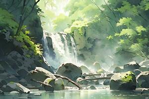 AI generated Watercolor scene of a cascading waterfall surrounded by rainforest. AI Generated. photo