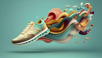 AI generated Flying trendy sneakers on creative colorful background, Stylish fashionable concept. AI Generated photo