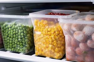 AI generated Frozen food in the freezer. Frozen vegetables. AI Generated photo