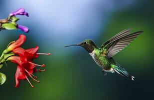 ai generado colibrí pájaro volador siguiente a un hermosa rojo flor con lluvia. ai generado foto