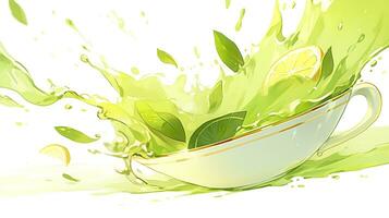 AI generated Green herbal tea wave splash with leaves flow. AI Generated photo