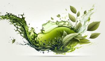 AI generated Green herbal tea wave splash with leaves flow. AI Generated photo