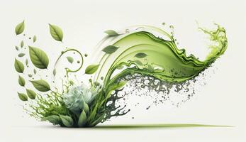 AI generated Green herbal tea wave splash with leaves flow. AI Generated photo