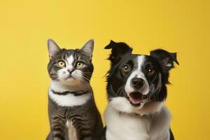 AI generated Cat and dog together with happy expressions on yellow background. AI Generated photo