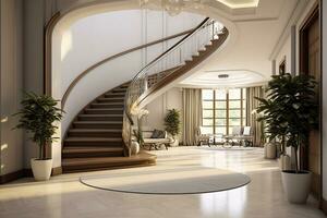 AI generated The interior design of the modern entrance hall with a staircase in the villa. AI Generated photo