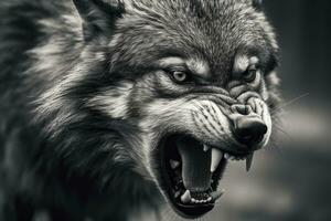 AI generated Greyscale closeup shot of an angry wolf with a blurred background. AI Generated photo