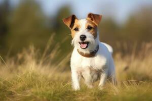 AI generated Happy jack russell terrier pet dog waiting, listening in the grass. AI Generated photo