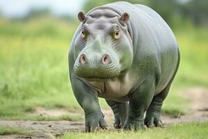 AI generated Hippopotamus Walking in a green field. AI Generated photo