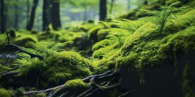 AI generated Green moss closeup, with a backdrop of woodland.  Forest in the national park. AI Generated photo