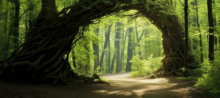 ai generado natural arco conformado por ramas en el bosque. ai generado foto