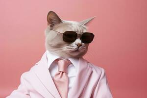 ai generado un gato es vistiendo Gafas de sol y traje en rosado antecedentes. ai generado foto