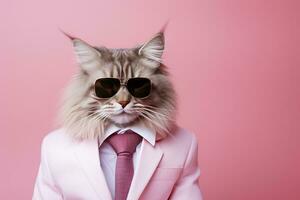 AI generated A cat is wearing sunglasses and suit on Pink Background. AI Generated photo