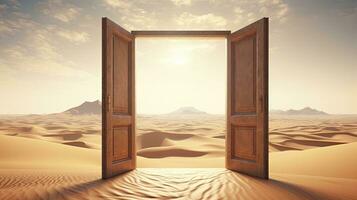 AI generated The opened door on the desert. Unknown and start up concept. AI Generated. photo