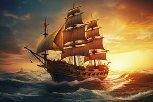 AI generated Pirate ship sailing on the ocean at sunset. Vintage cruise. AI Generated photo