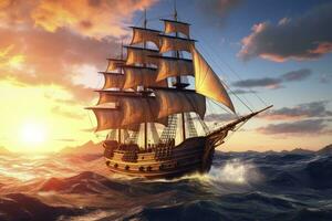 AI generated Pirate ship sailing on the ocean at sunset. Vintage cruise. AI Generated photo