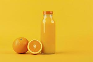 ai generado naranja jugo botella en naranja antecedentes. ai generado foto