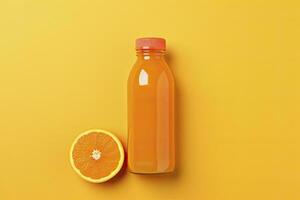 AI generated Orange Juice bottle on orange background. AI Generated photo