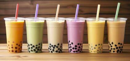 AI generated Plastic cups of different tasty bubble tea on wooden background. Generative AI photo